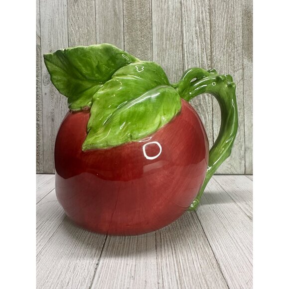 Vintage Large Ceramic Apple Shaped Beverage Pitcher 7” Tall 9” Wide With Handle - Picture 3 of 11